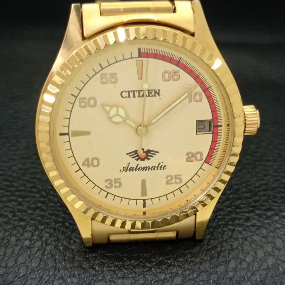 Vintage 1971 Citizen Automatic Mens Gold Watch W/daydate & Red accents